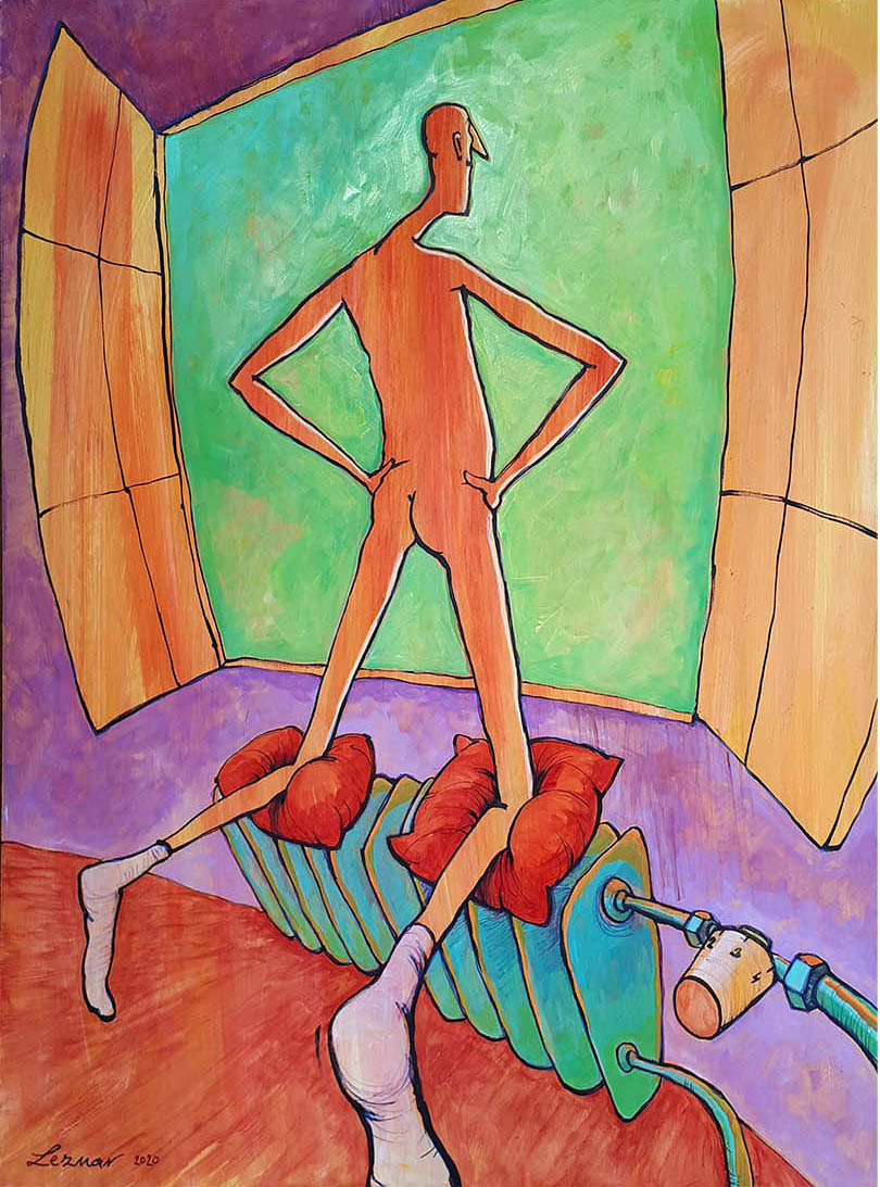 Exhibicionista, akryl + olej na desce 70 x 90 cm